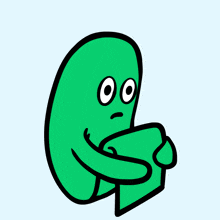 a green cartoon character is holding a piece of paper and has a sad look on his face