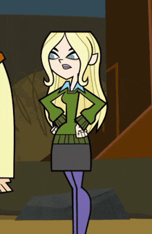 a cartoon character with blonde hair wearing a green sweater and purple tights
