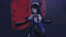 a girl with long black hair and black gloves