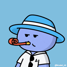 a cartoon drawing of a man wearing a blue hat and sunglasses