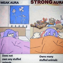 a cartoon showing weak aura and strong aura with stuffed animals on the wall