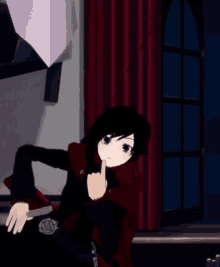 a cartoon character is laying on a bed in front of a window with red curtains