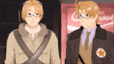 two anime characters are standing next to each other in front of a coke machine