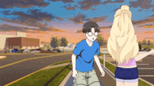 a man and a woman are walking down a street