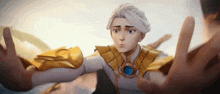 a cartoon character with white hair and gold armor is reaching out to someone 's hands .