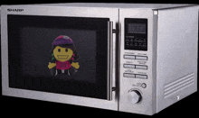 a sharp microwave with a smiley face inside