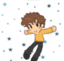 a cartoon boy wearing a yellow sweater and black pants is standing in front of a white background with stars .