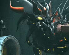 a cartoon drawing of a monster with horns and sharp claws