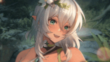 an anime girl with white hair and green eyes