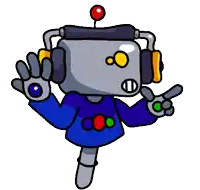 a cartoon robot wearing headphones and a blue sweater