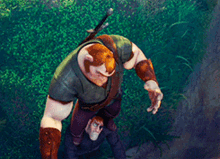 a cartoon character with a sword on his shoulder is carrying another character on his back