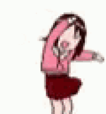 a cartoon girl in a pink sweater and red skirt is standing with her arms outstretched .