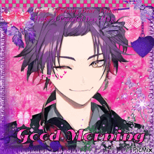 a picture of a boy with purple hair wishing someone a good morning