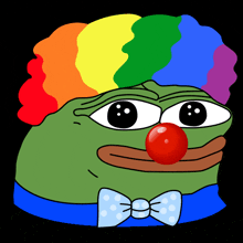 a green frog wearing a rainbow hat and a red nose