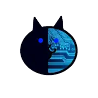 a drawing of a black cat with a blue circuit board in the middle .