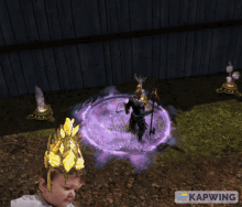 a boy wearing a gold crown stands in front of a man in armor with the word kapwing on the bottom