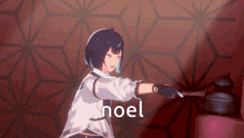 a girl is holding a hammer and the word noel is on the bottom right
