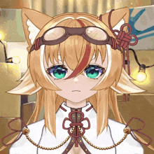 a close up of a cartoon character wearing goggles and a white shirt