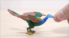 a person is touching a toy bird with a blue beak