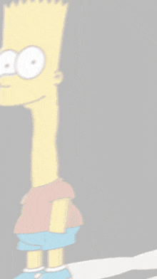 bart simpson wearing a red shirt and blue shorts is standing in front of a black background