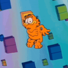 garfield is playing a game of tetris surrounded by blocks