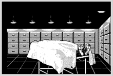 a black and white image of a room with lots of drawers