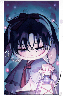 a boy with bunny ears is holding a lantern and the word blink is next to him