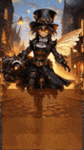a girl in a steampunk outfit is holding a machine gun