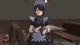 a girl in a maid outfit is standing in a restaurant