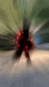 a blurred image of a person in a red suit