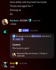 a screenshot of a text conversation between kurkure and snipe