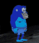 a cartoon character in a blue monkey costume is standing in the dark