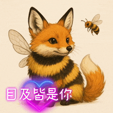 a drawing of a fox with wings and a bee behind it with chinese writing