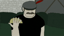 a man with a mustache is holding a taco