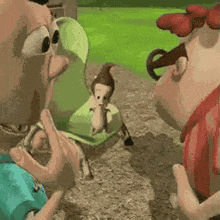 a group of cartoon characters are standing next to each other and talking .