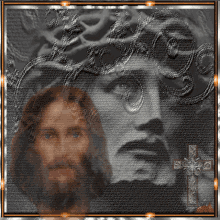 a painting of jesus with a cross in the foreground
