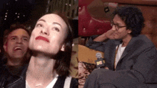 a man and a woman are sitting next to each other and the man is wearing glasses