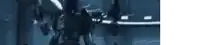 a robot is standing in a dark room holding a rifle .