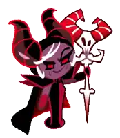 a cartoon character with horns is holding a sword and a skull .
