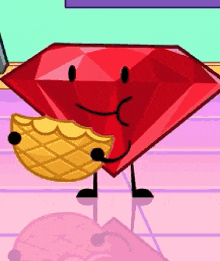 a red diamond with arms and legs is holding a pie