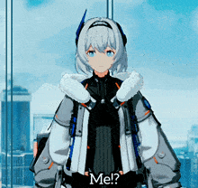 a cartoon character says me in front of a cityscape