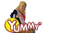 a woman is preparing food in front of a logo for yummy