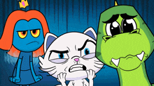 a cartoon character with a crown on her head is standing next to a cat and a dinosaur