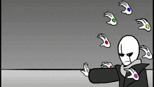 a cartoon character is surrounded by a bunch of hands with different colors