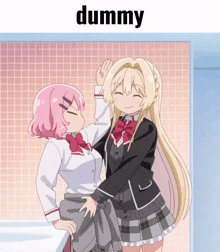 two anime girls are standing next to each other with the word dummy below them