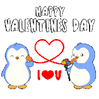 a happy valentines day card with two penguins and a heart