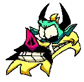 a pixel art drawing of a cartoon character with horns and a pink triangle on his head .