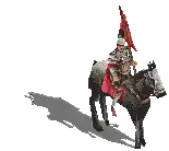 a pixel art of a man riding a horse with a red bag on his head