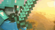 a minecraft character is holding a sword in front of a desert landscape .