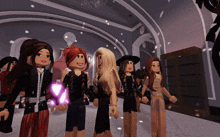 a group of girls are standing in a room with a purple heart in the middle
